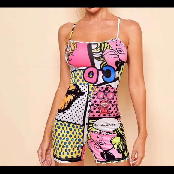 SHEIN Pants - NWOT crisscross backless pop art print romper.